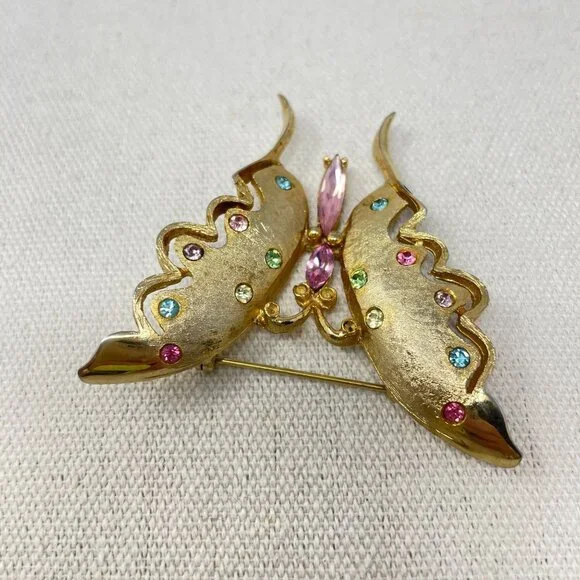 Pell Uranium Glass Butterfly Brooch Vintage Signed Gold-Tone Pink Body